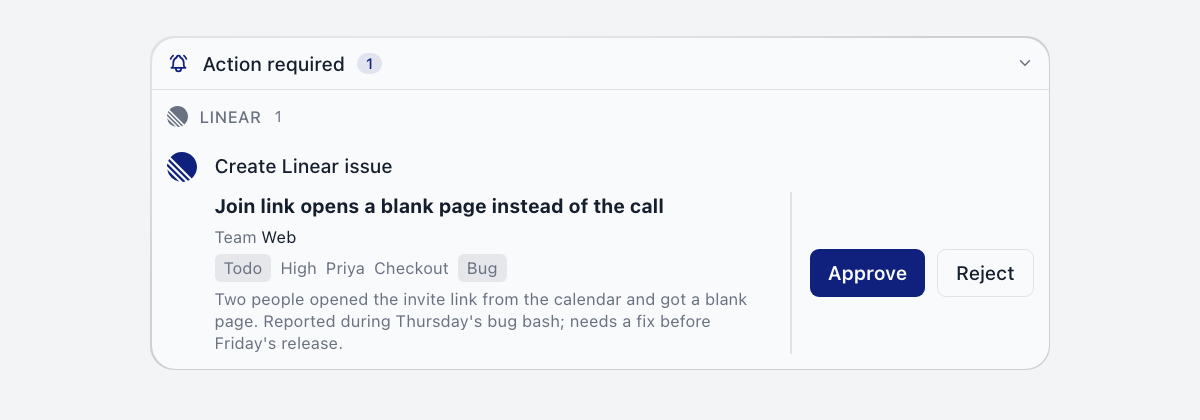 A Create Linear issue card under Action required showing team Web, state Todo, priority High, an assignee and project Checkout, with Approve and Reject.