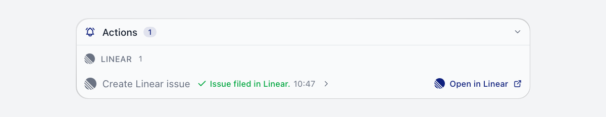 The Linear card after approval, reading Issue filed in Linear, with an Open in Linear link.