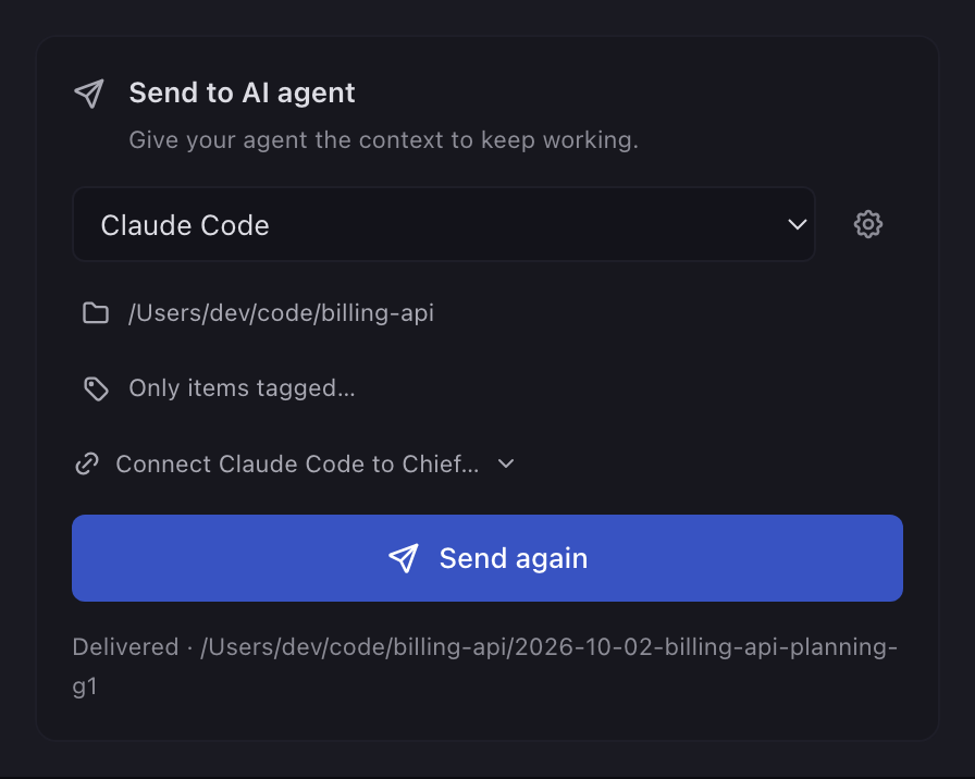 The Send to AI agent card with Claude Code as the destination, a Delivered status, a Send again button and an Only items tagged option under the folder.