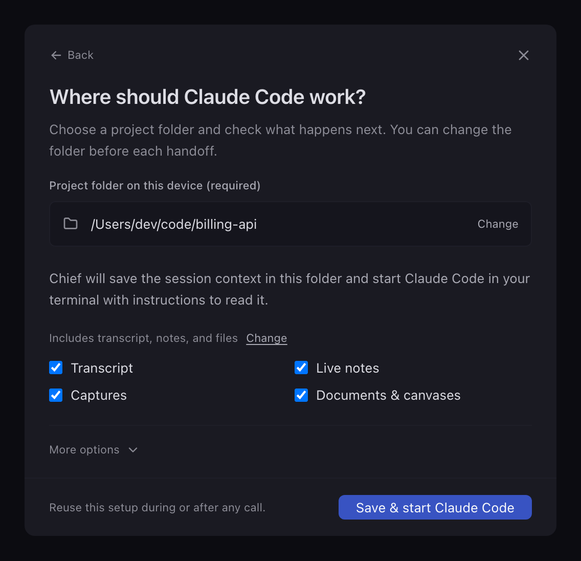 The Where should Claude Code work dialog with a project folder, four content checkboxes and a Save and start Claude Code button.