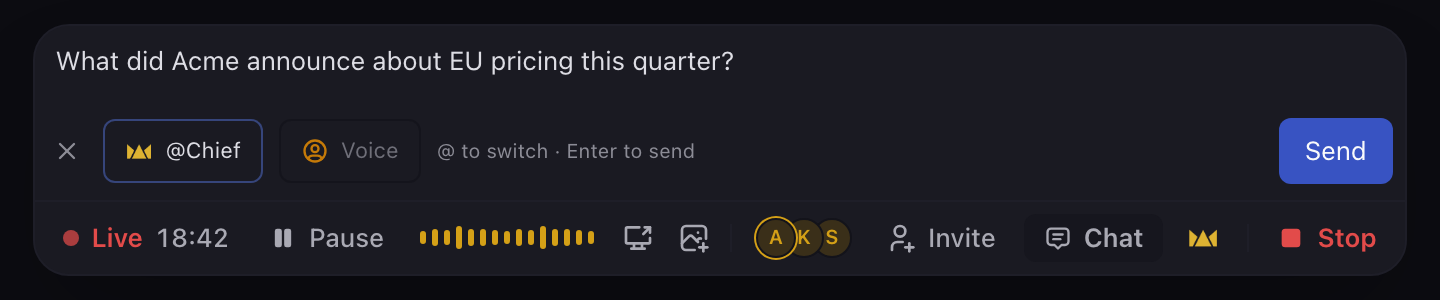 The open chat bar in the Chief desktop app with the question What did Acme announce about EU pricing this quarter typed in, and the Voice button beside it.