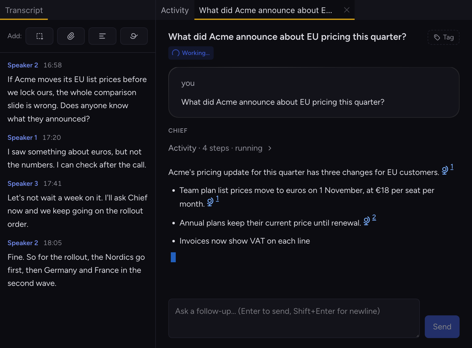 A chat tab open beside a Live Session in the Chief desktop app, with Chief's answer still streaming.