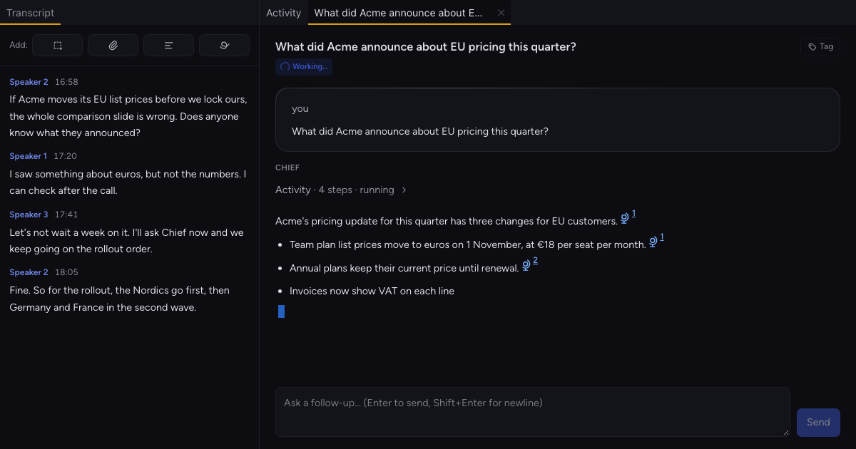 A Live Session in the Chief desktop app, with the transcript on the left and a chat tab on the right streaming an answer with inline citations.