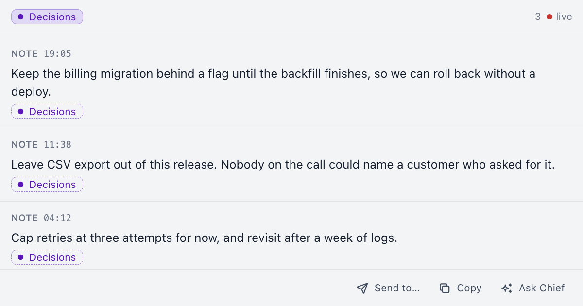 Chief desktop view of the items tagged Decisions in a live session: three notes, the first a decision to keep a billing migration behind a flag until the backfill finishes.