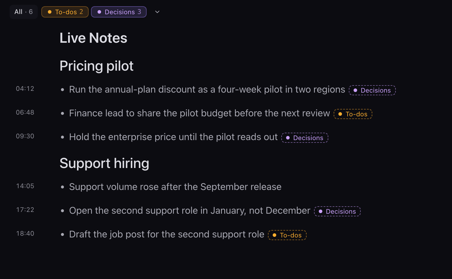 Live Notes in the Chief desktop app, with To-dos and Decisions chips on the points they apply to.