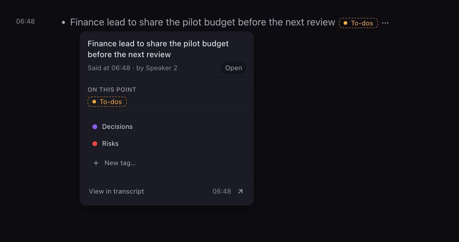 A to-do's details in the Chief desktop app, showing when it was said, an Open button for marking it done, its To-dos tag and View in transcript.