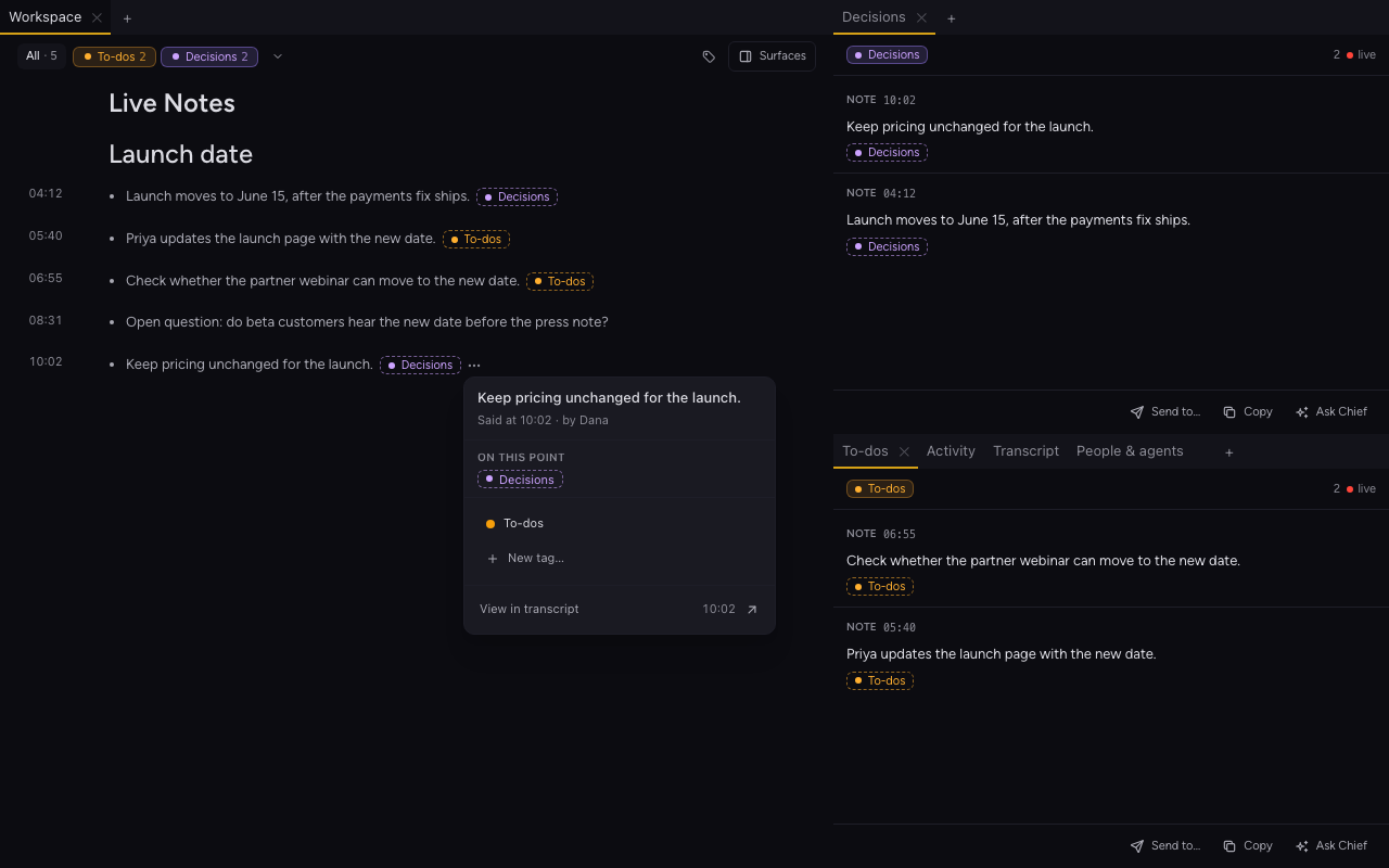 The Chief desktop app in the Executives workspace: Live Notes on the left, Decisions and To-dos on the right, and a point menu open on View in transcript.