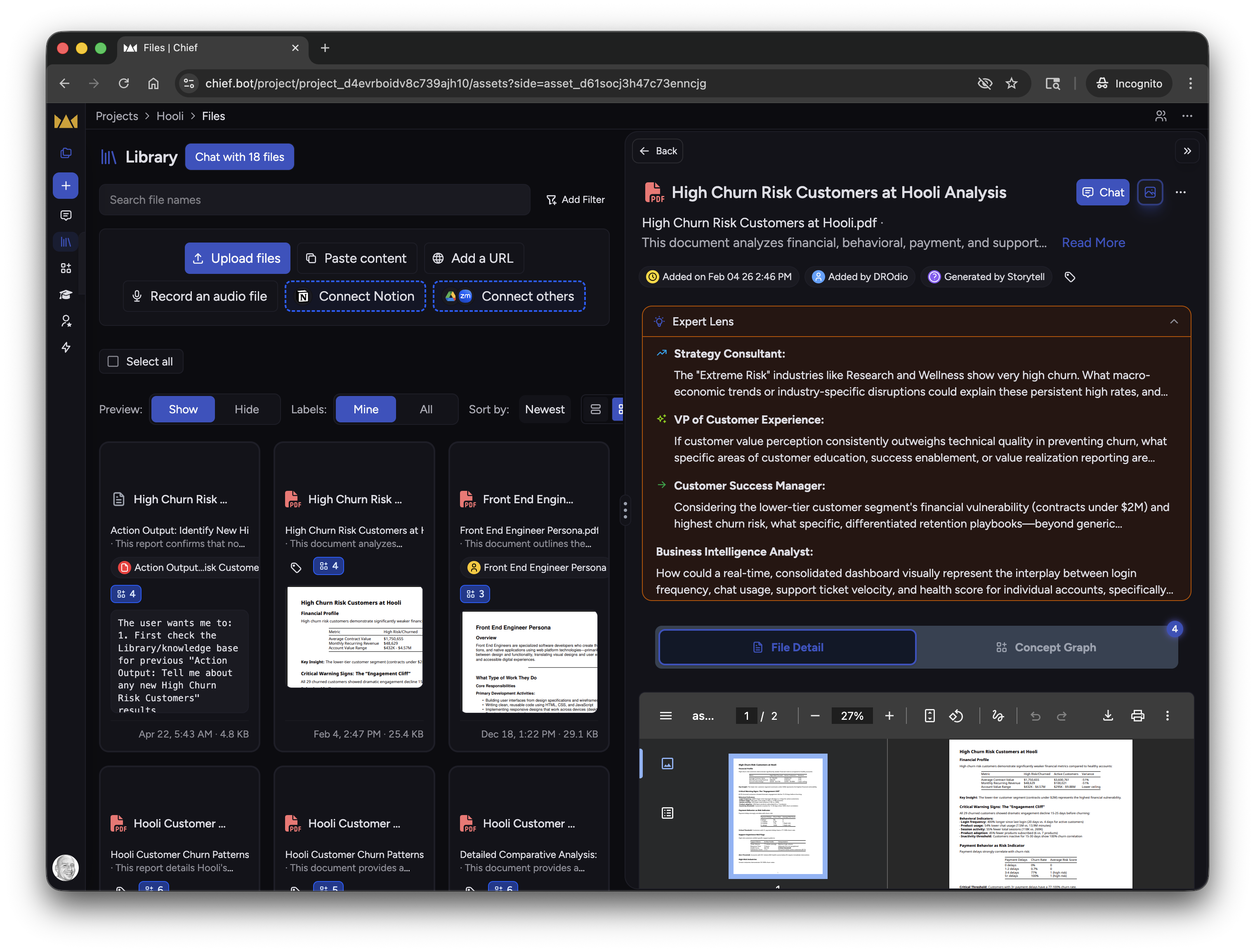 Chief Assets Library showing files, links, and source detail