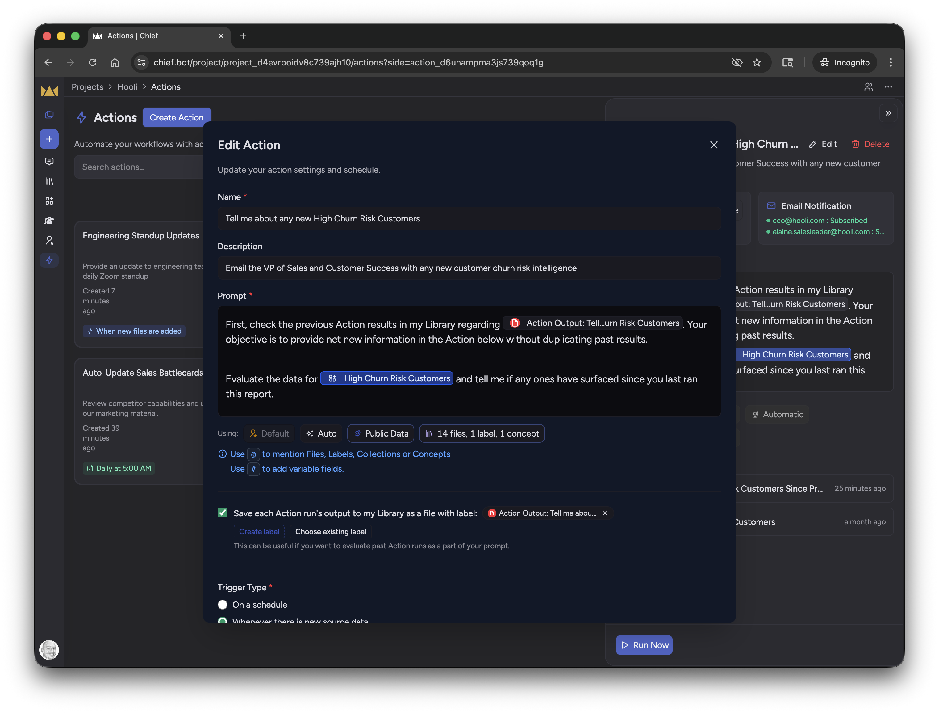Editing a Chief Action with prompt and output configuration