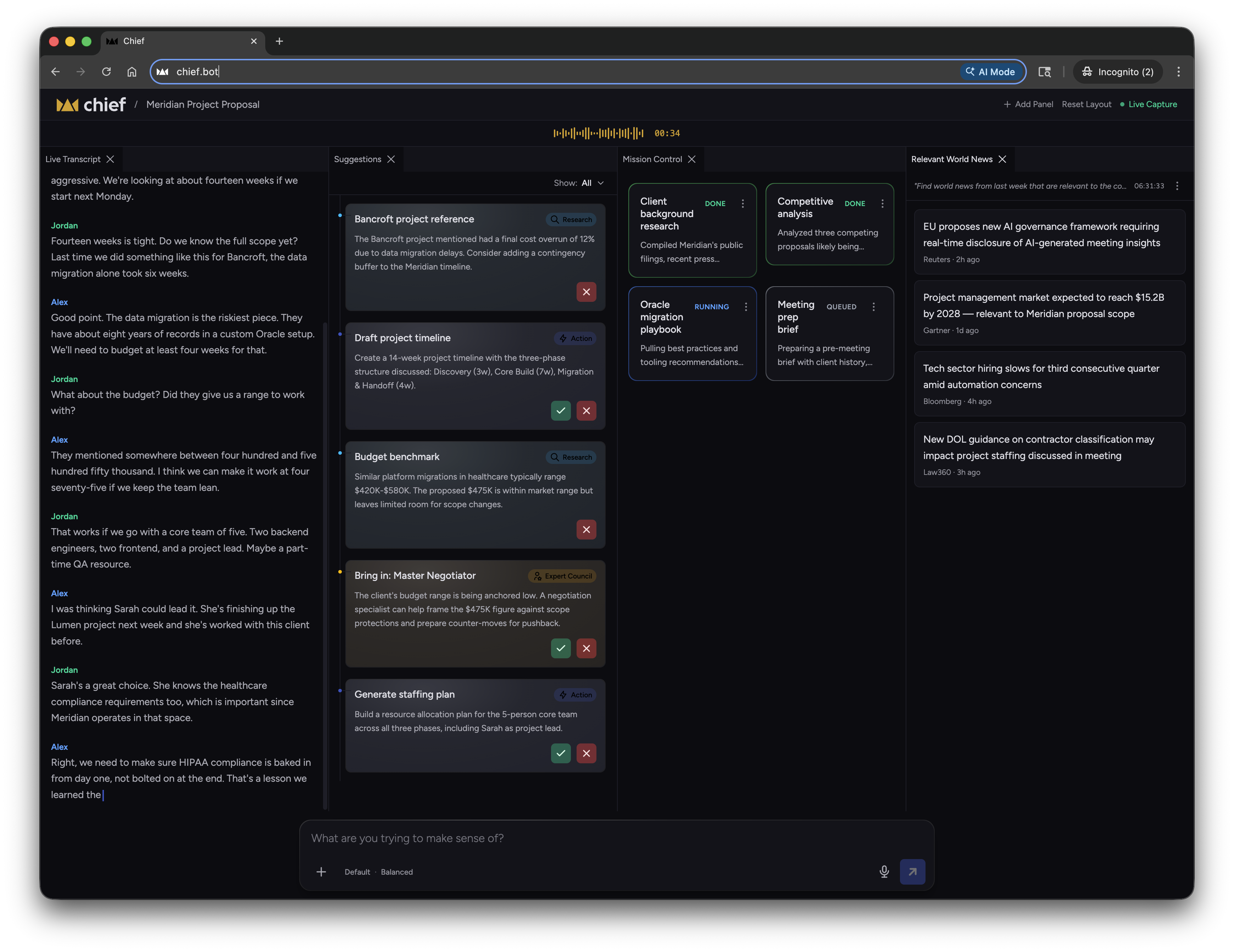 Chief Live Capture surfacing real-time intelligence during a meeting